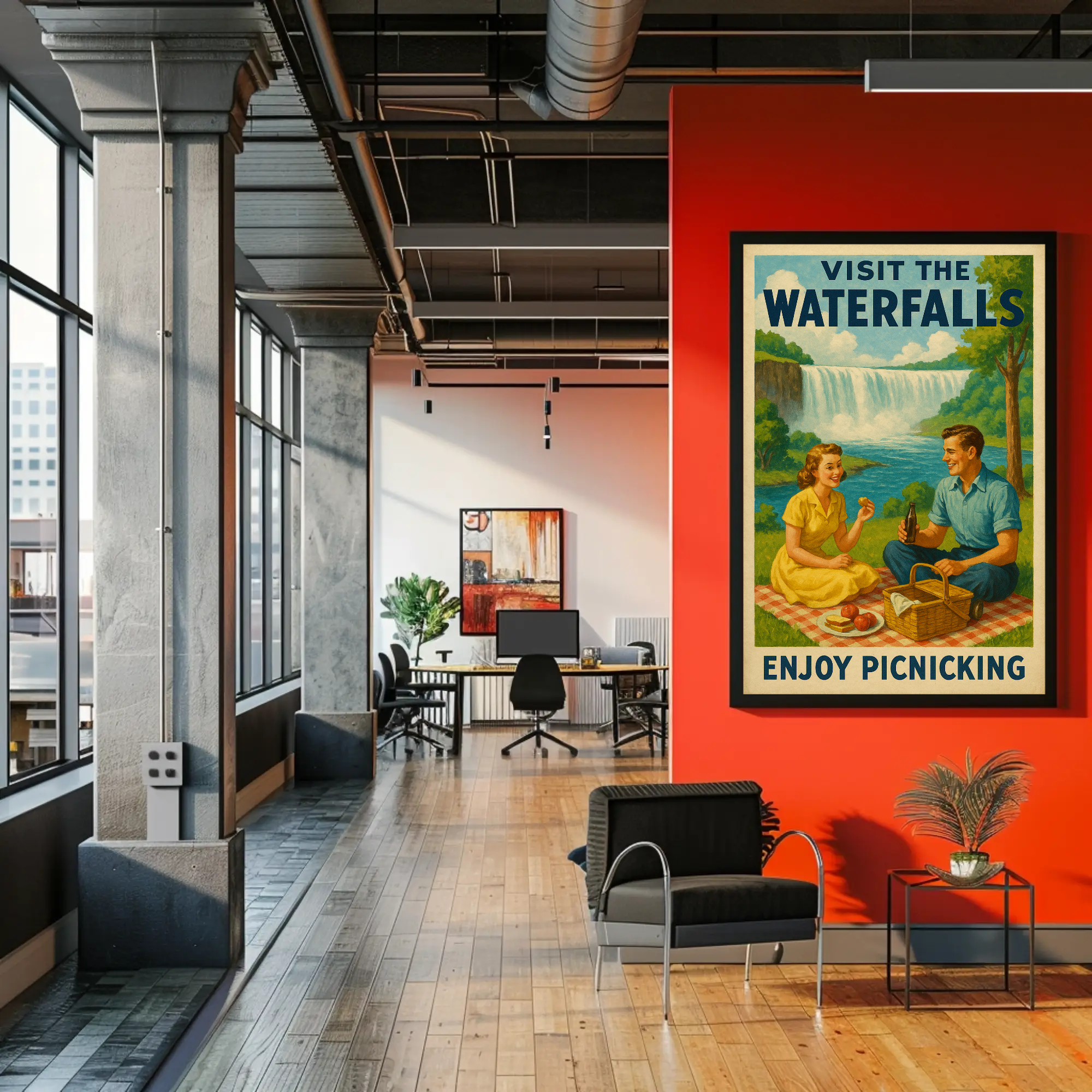 Vintage-Fine-Art-Print mit Picknickszene am Wasserfall in warmen Naturfarben über moderner Loft-Einrichtung.