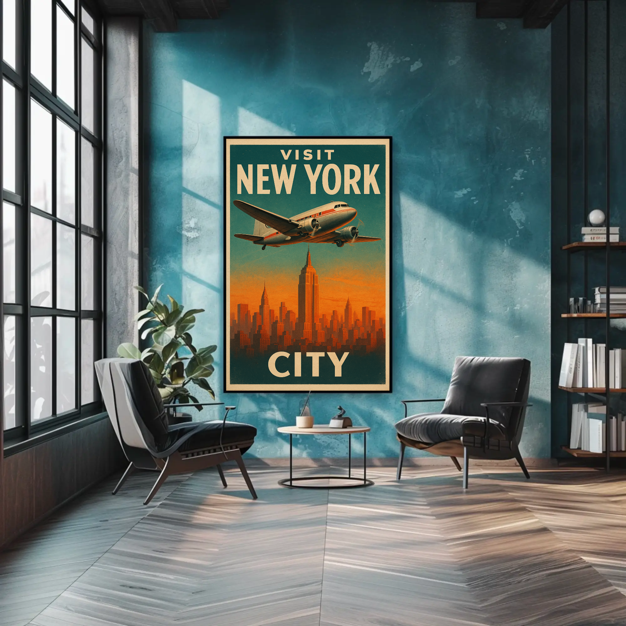 Vintage-Fine-Art-Print mit New Yorker Skyline und Flugzeugmotiv in warmen Orange- und Türkistönen über moderner Loft-Einrichtung.