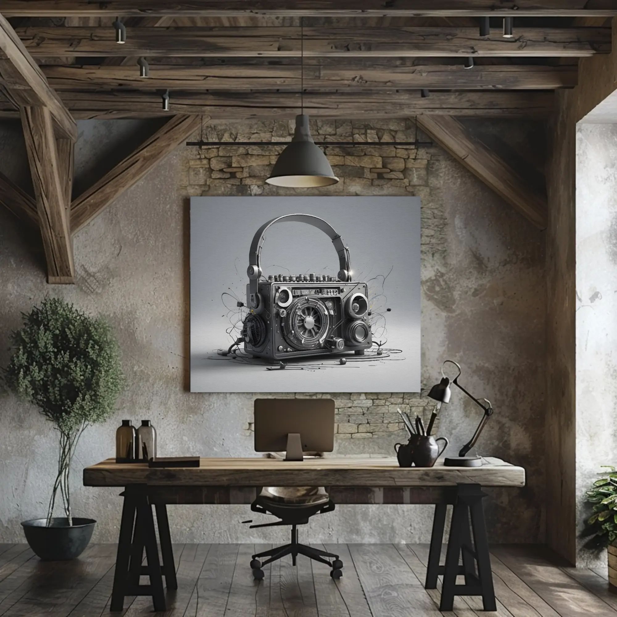 Monochromes Kunstmotiv eines Retro-Audiogeräts als hochwertiger Fine Art Print