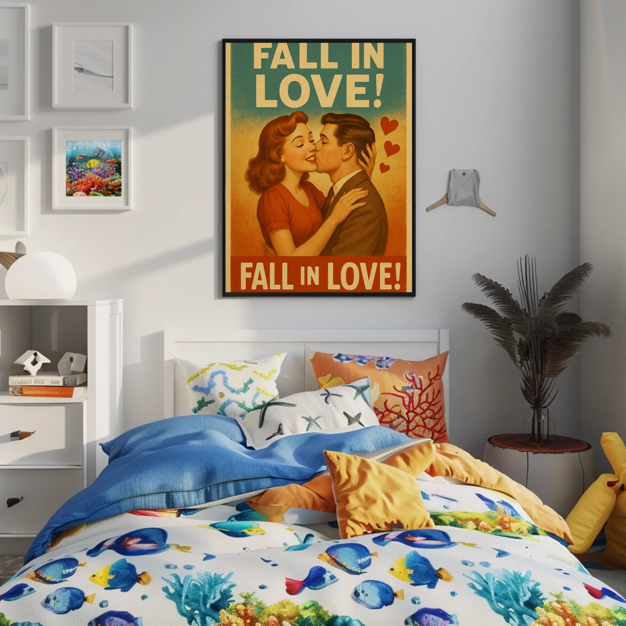 Retro Poster mit Paar in warmen Farben in moderner Einrichtung