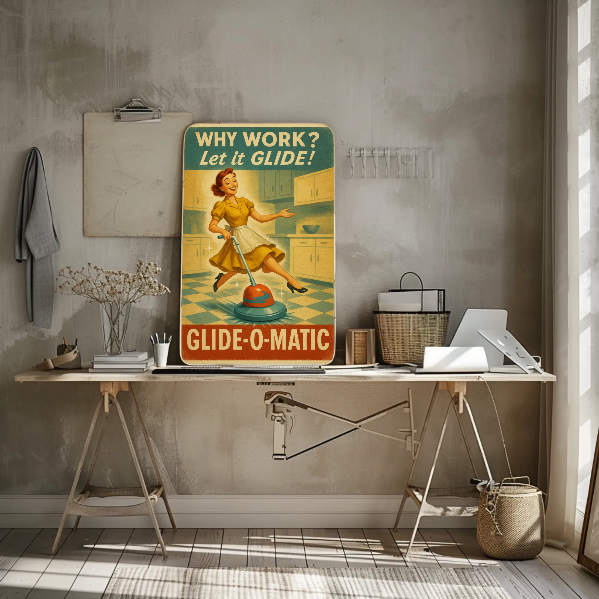 Retro Poster mit Figur in Bewegung und typischer Werbegrafik