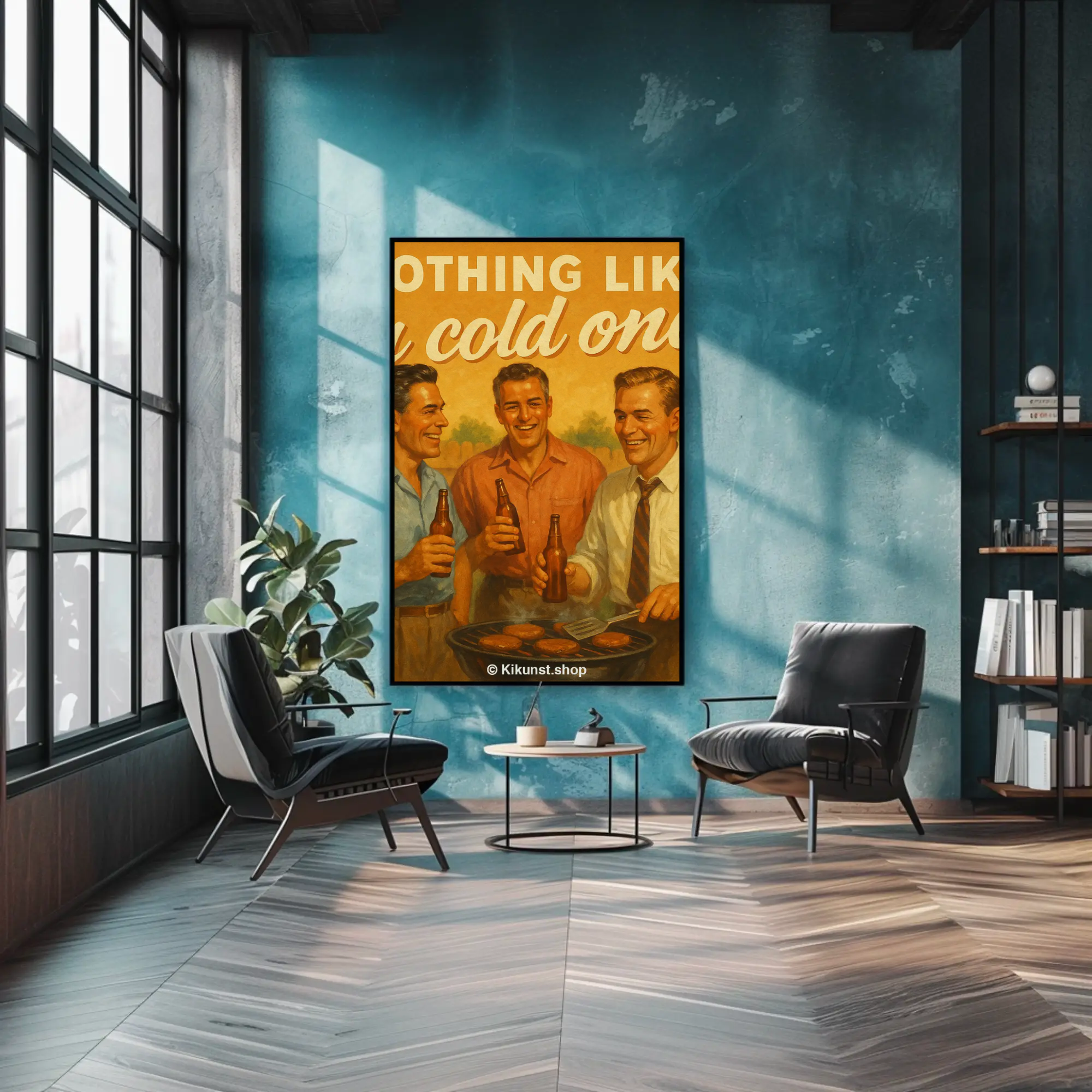 Retro Poster im Vintage-Stil über moderner Einrichtung mit warmen Farbtönen