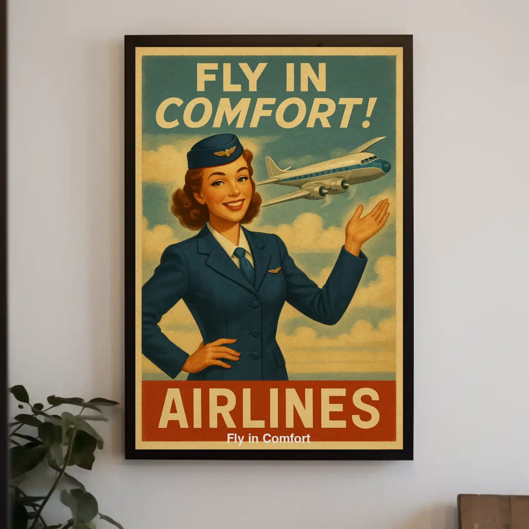 Retro Flugmotiv mit Frau und Flugzeug im Vintage Stil als dekoratives Wandbild