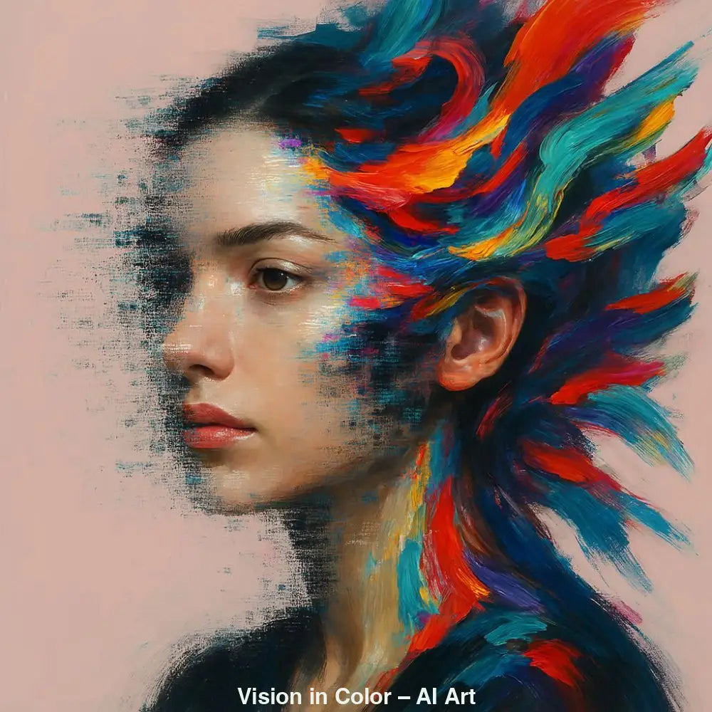 AI-Art-Porträt einer Frau, verschmolzen mit leuchtenden, farbintensiven Pinselstrichen.