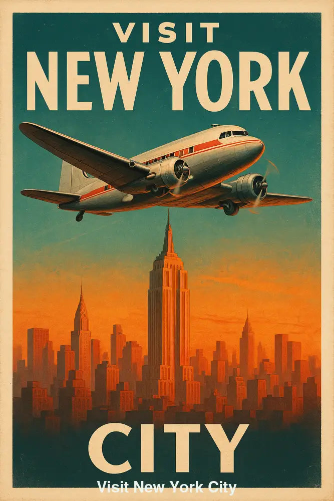 Retro-KI-Poster mit Flugzeug über New York Skyline im Sonnenuntergang – Empire State Building & Stadtarchitektur im 50er-Stil