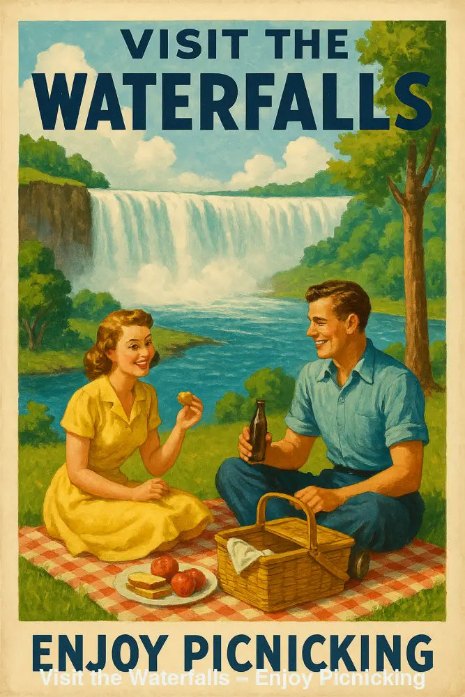 Retro-Poster eines Paares beim Picknick vor einem Wasserfall, inspiriert vom nostalgischen Design der 1950er-Jahre.