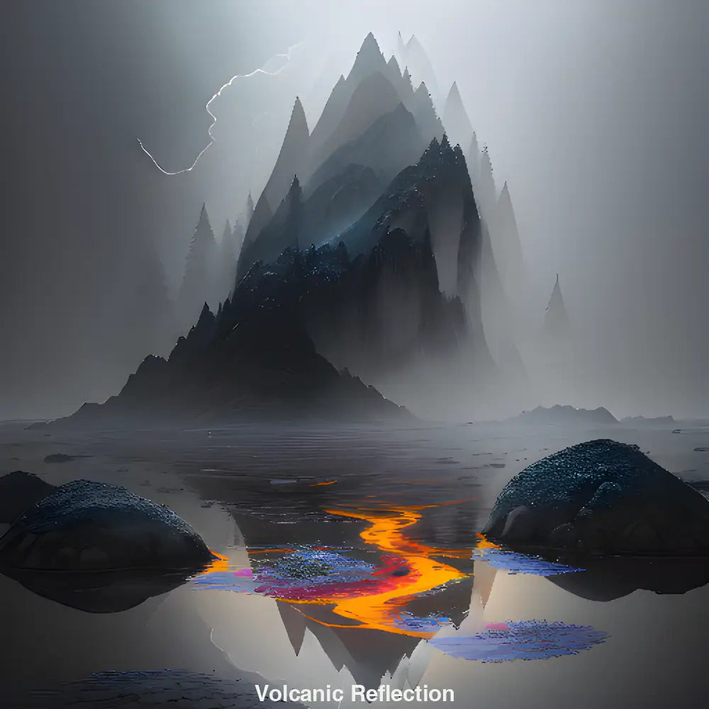 Digitales Landschaftsbild mit glühendem Vulkan und spiegelndem Wasser – KI-generiert, dramatisch und mystisch