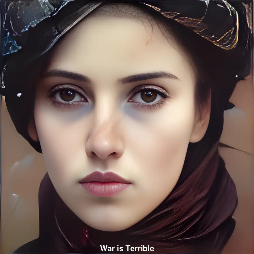 Porträt einer kriegsgezeichneten Frau mit tiefem Blick – KI-generiertes Kunstwerk über Leid, Resilienz und menschliche Stärke