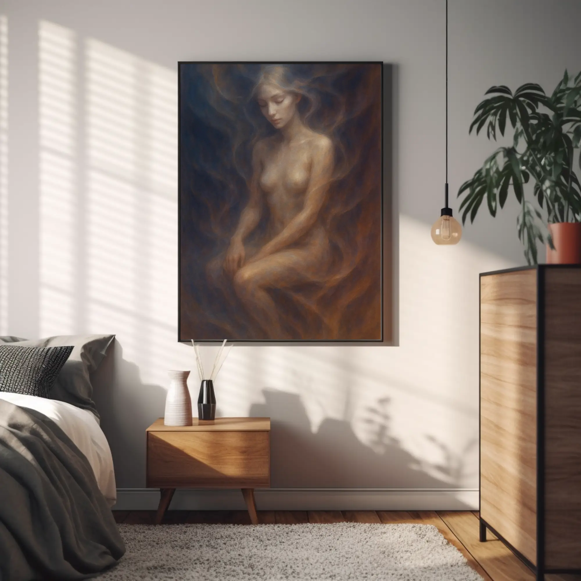 Ruhiges Kunstwerk mit warmer Farbgebung in moderner Einrichtung