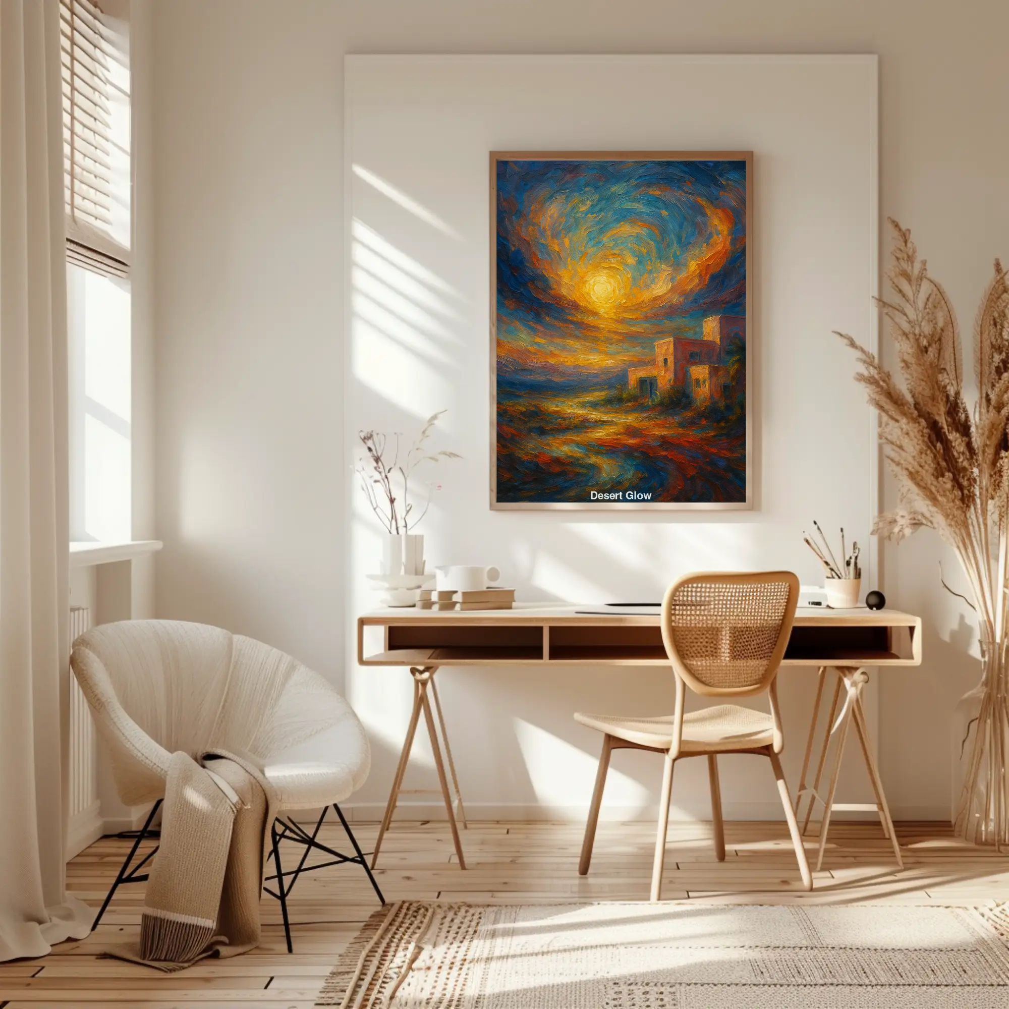Wüstenmotiv mit leuchtendem Himmel als Fine Art Print im Wohnraum
