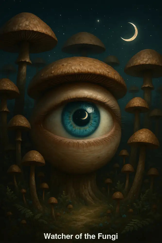 Gigantisches blaues Auge in einem Pilzwald unter Nachtmond