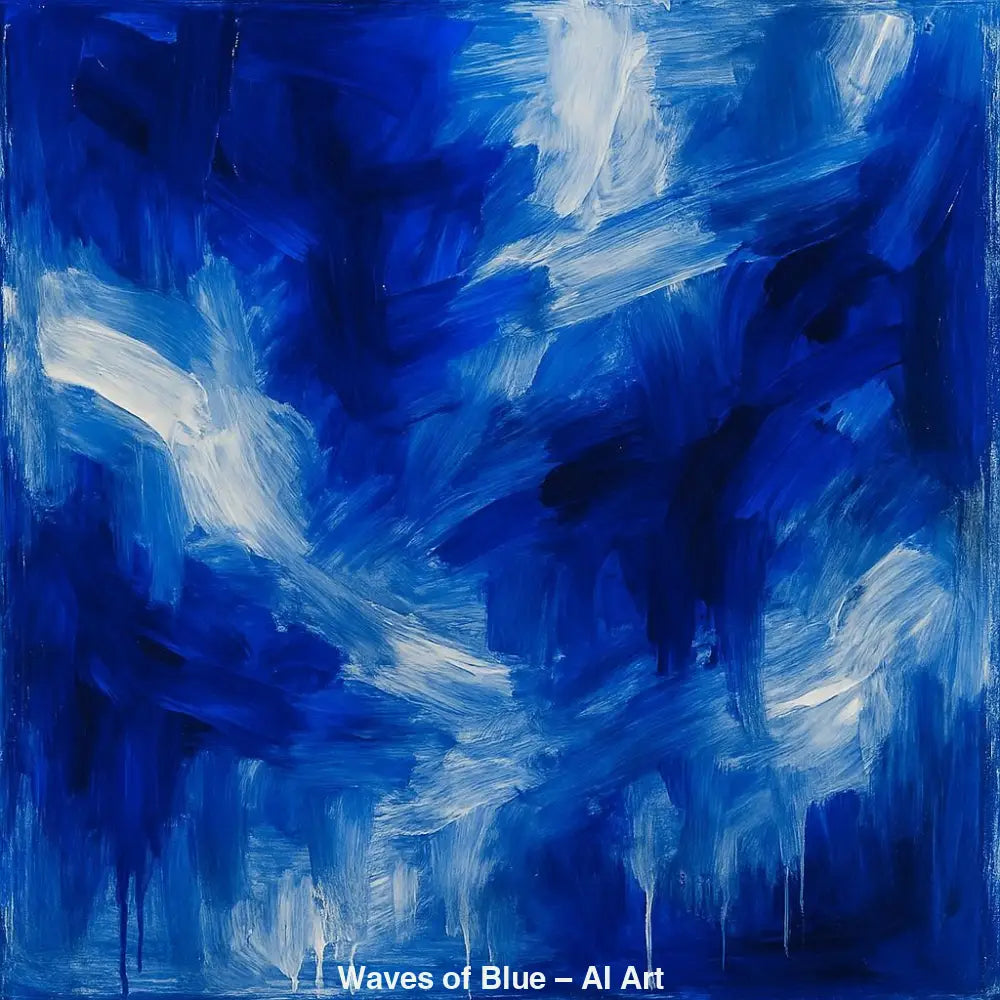 Abstrakte AI-Art in kräftigem Blau mit weißen, dynamischen Pinselstrichen wie Wellen.