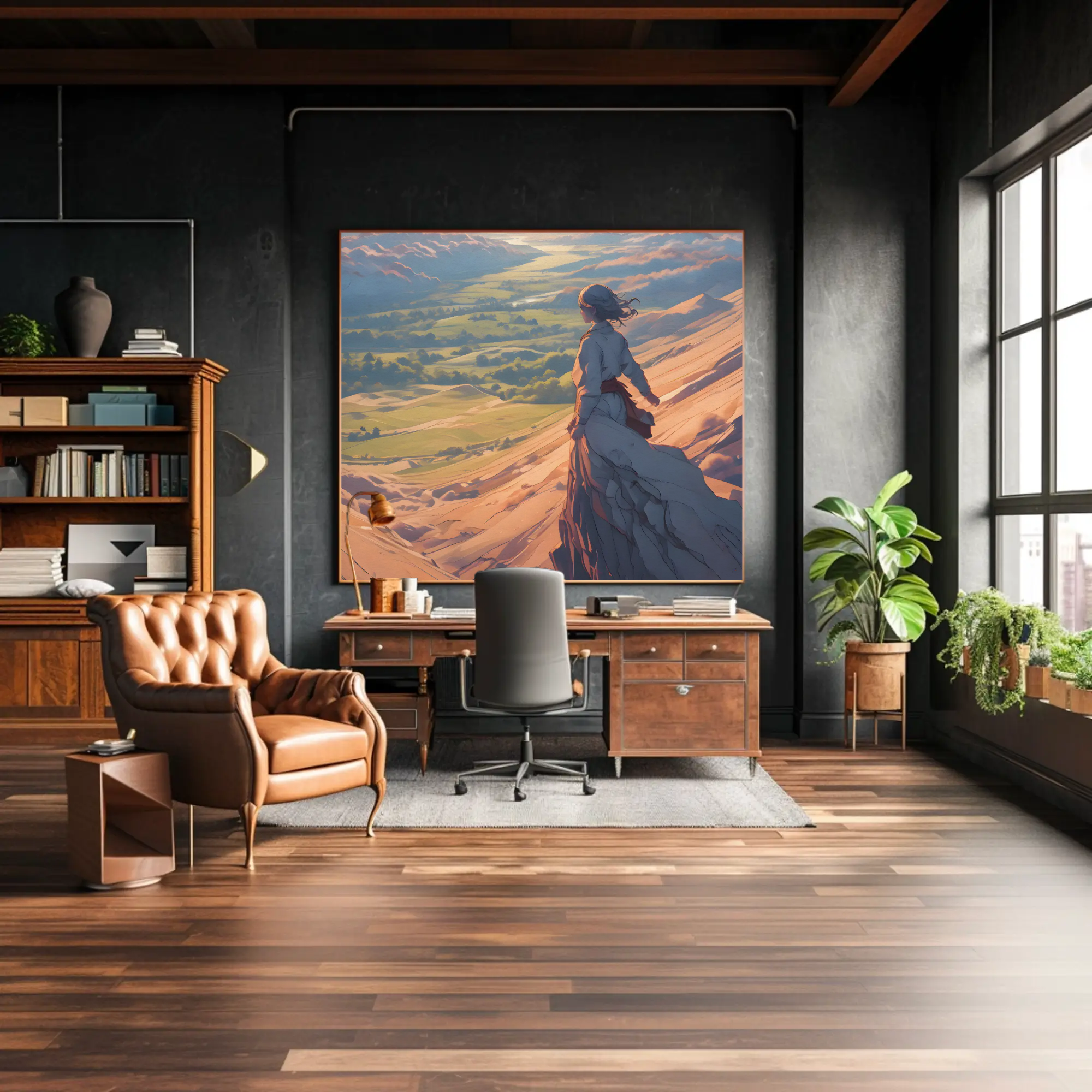 Landschaft mit Figur und warmem Licht in moderner Einrichtung