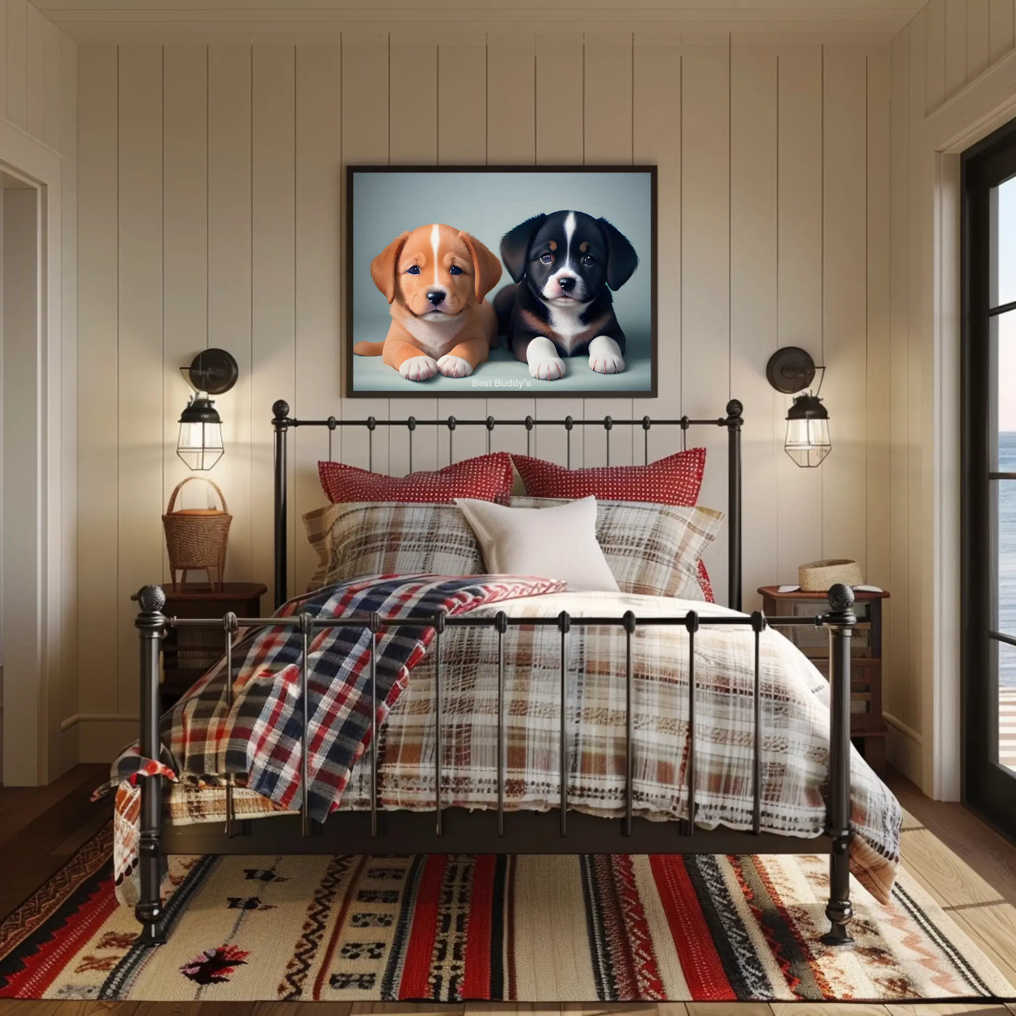 Fine Art Print mit zwei Welpen über Bett in warm eingerichteten Schlafzimmer