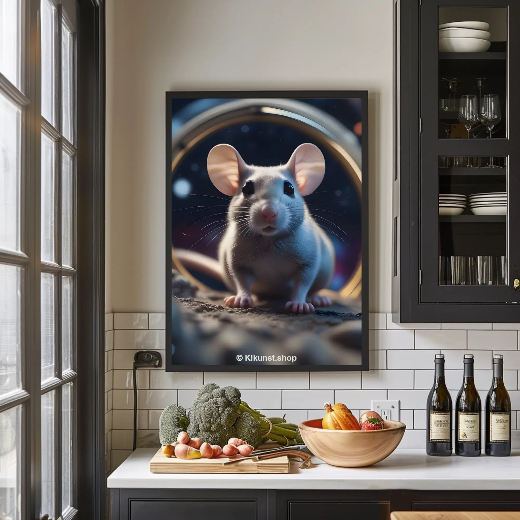 Fine Art Print mit einer Maus im Raumanzug vor kosmischer Kulisse über einer modernen Küche.