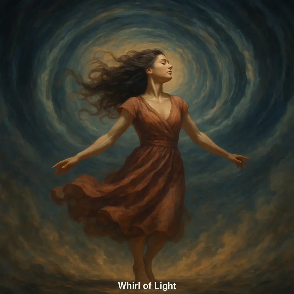 Schwebende Frau in rotem Kleid vor leuchtendem Lichtwirbel – KI-Kunst mit Anmut, Symbolik und traumhafter Bewegung.