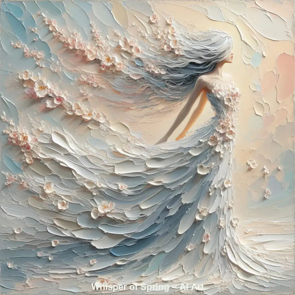 Whisper of Spring – AI Art, Frau in fließendem blütenverzierten Kleid in sanften Pastellfarben.