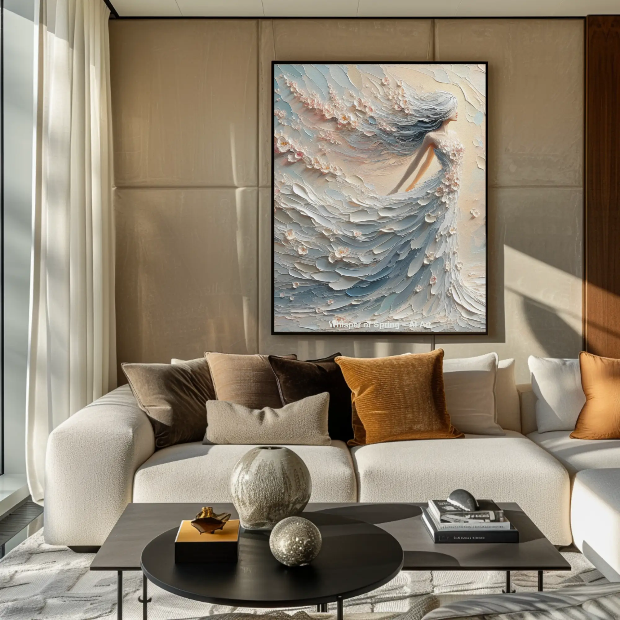Whisper of Spring Fine Art Print mit abstrakten Frühlingsformen und sanften Blau- und Beigetönen in modernem Wohnraum.