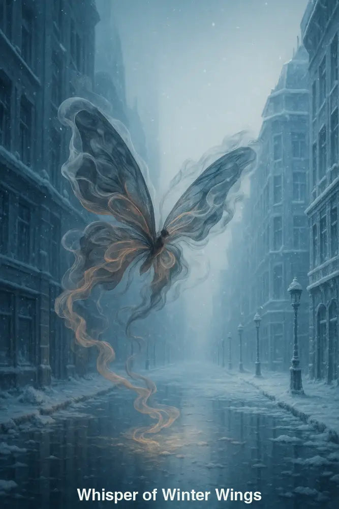 KI-generiertes Bild: rauchartiger Schmetterling fliegt durch leere Winterstadt – still, vergänglich und voller symbolischer Tiefe