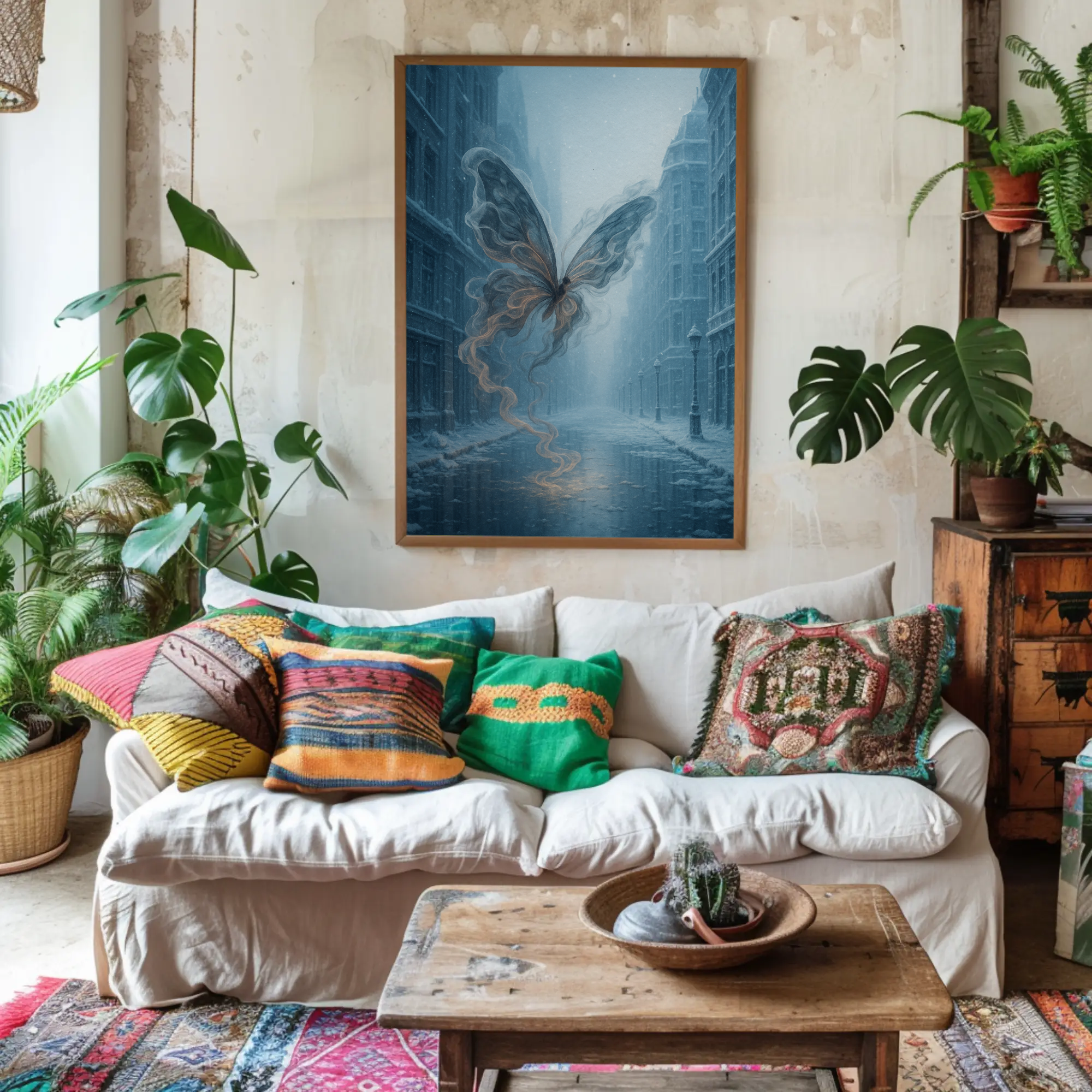 Whisper of Winter Wings Fine Art Print mit majestätischem Vogel in frostiger Winterlandschaft über modernem Sideboard.