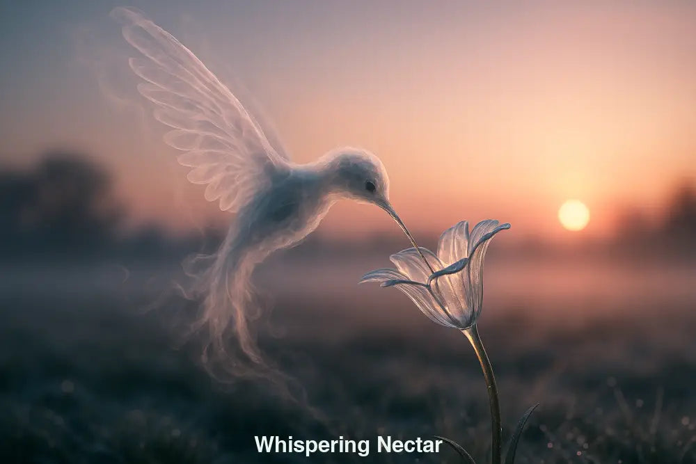 Schwebender Kolibri aus Licht trinkt aus gläserner Blume bei Sonnenaufgang – KI-generiert, ätherisch und fantasievoll