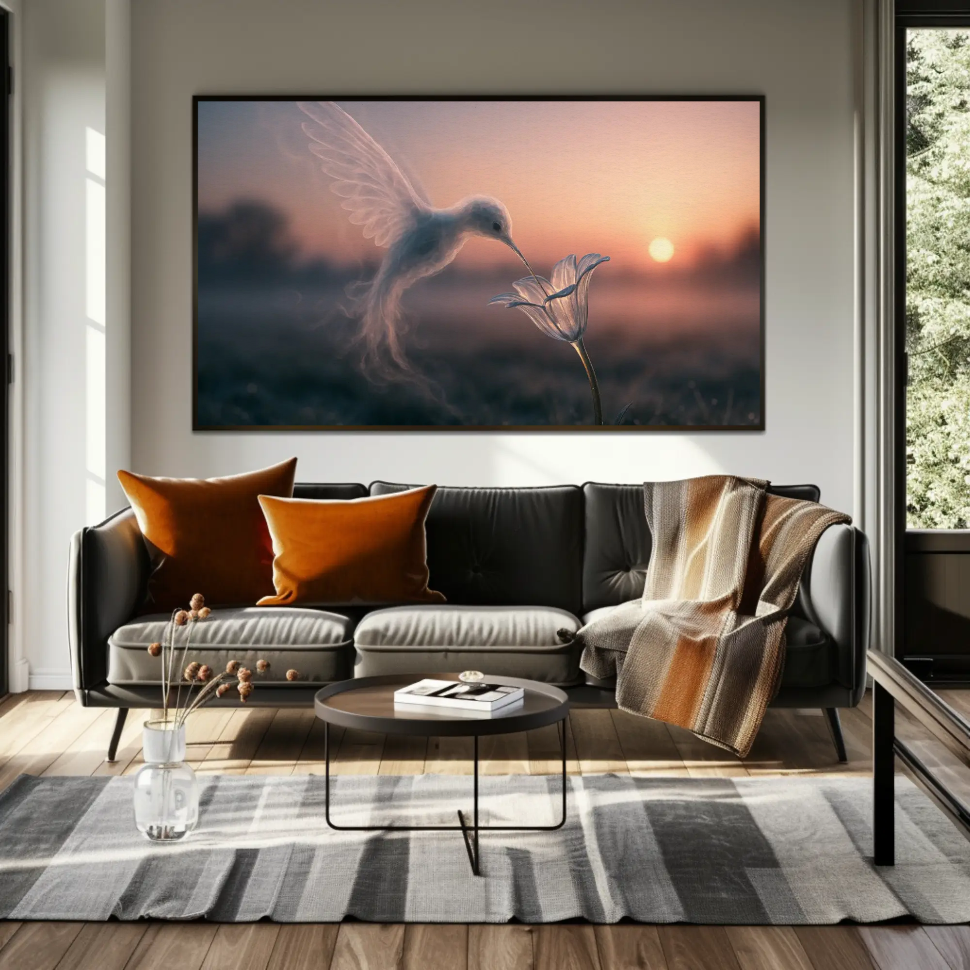 Whispering Nectar Fine Art Print mit schwebendem Kolibri und leuchtender Blüte in sanfter Abendstimmung.