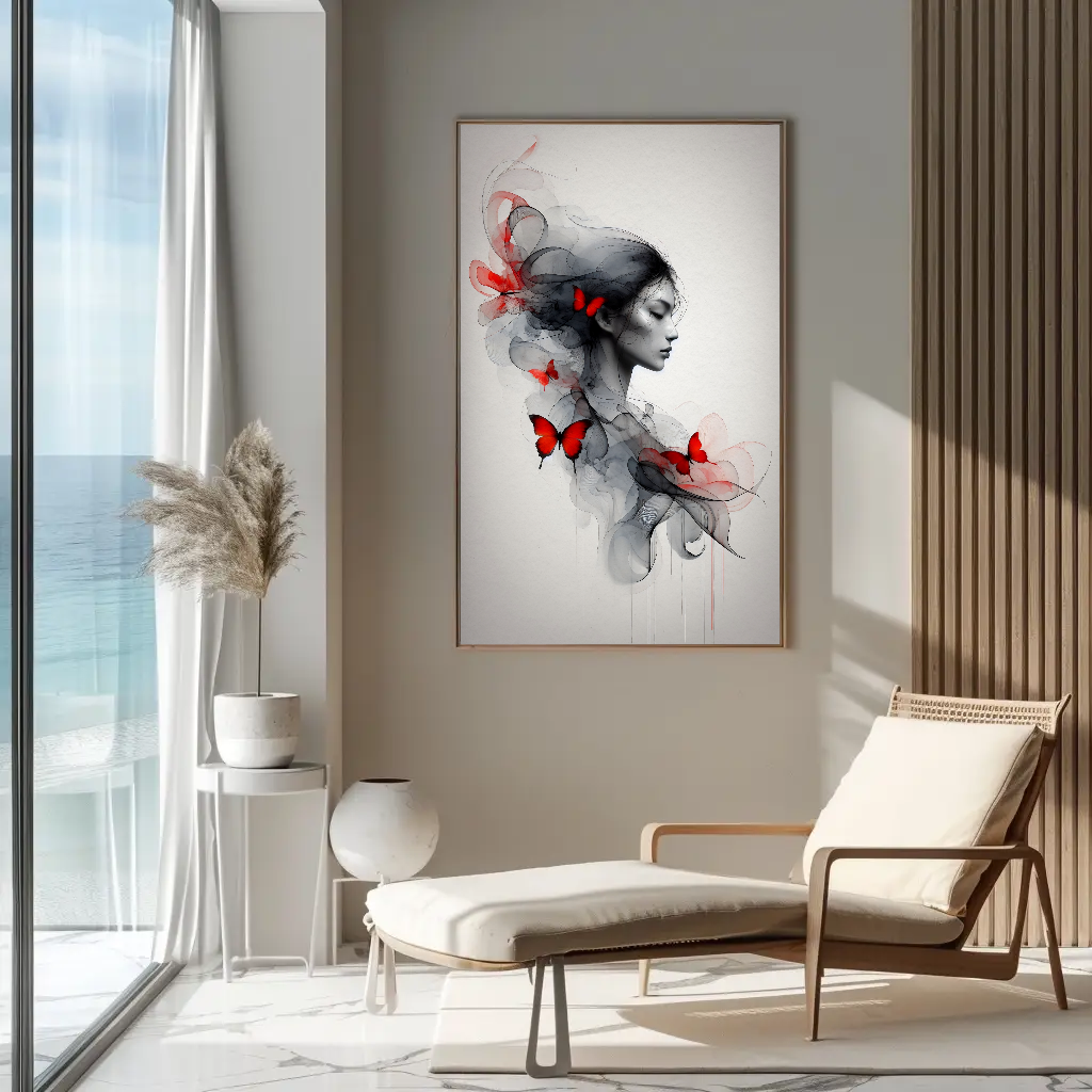 Whispering Red Wings Fine Art Print mit Frauenprofil und roten Schmetterlingen in hellem Wohnambiente.