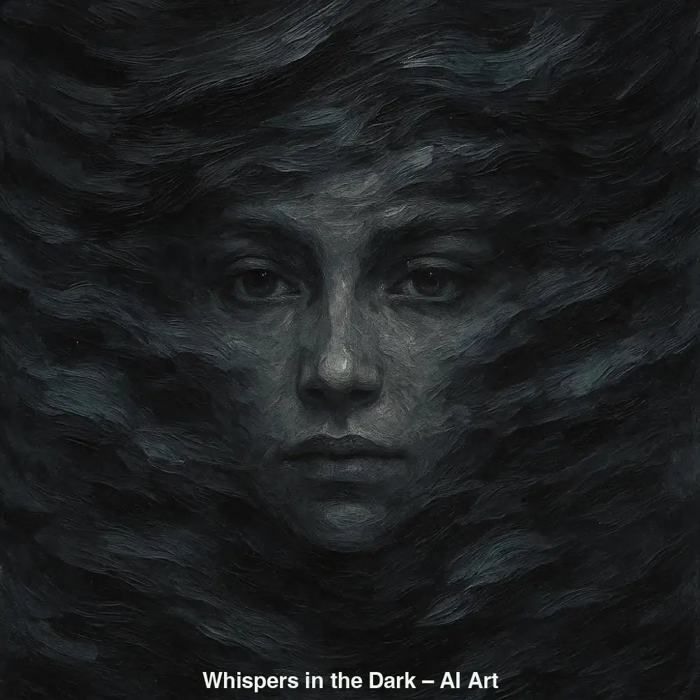 AI-Art-Porträt einer Frau, die aus dunklen, fließenden Strukturen entsteht.