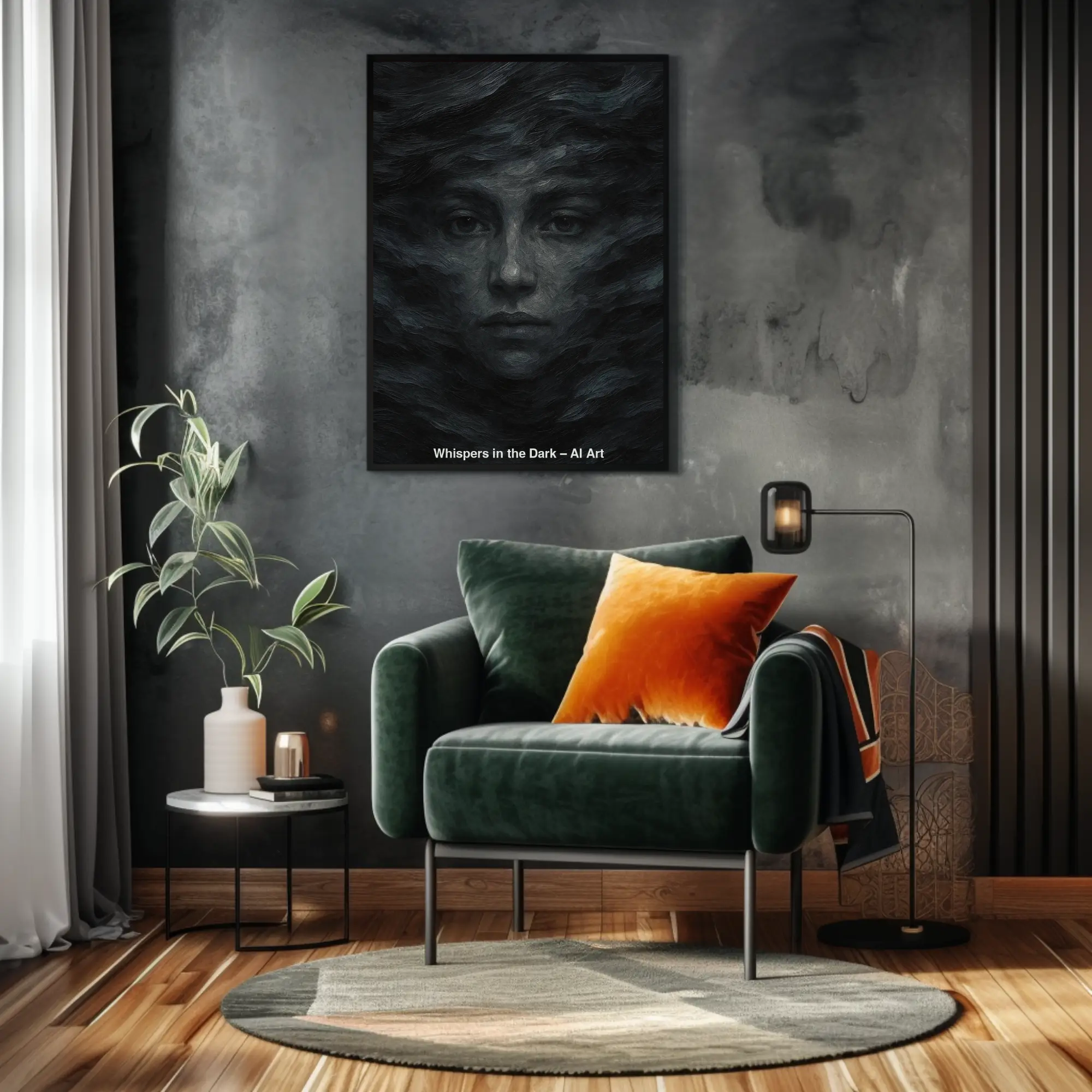 Whispers in the Dark Fine Art Print mit geheimnisvollem Gesicht in dunklen Schwarz- und Grautönen über modernem Sideboard.