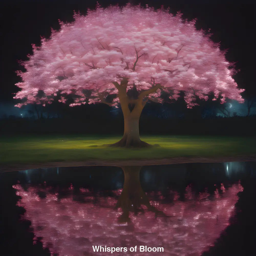 Blühender Kirschbaum bei Nacht mit Spiegelung im Wasser – KI-generiertes Naturbild, ruhig, meditativ und farbintensiv