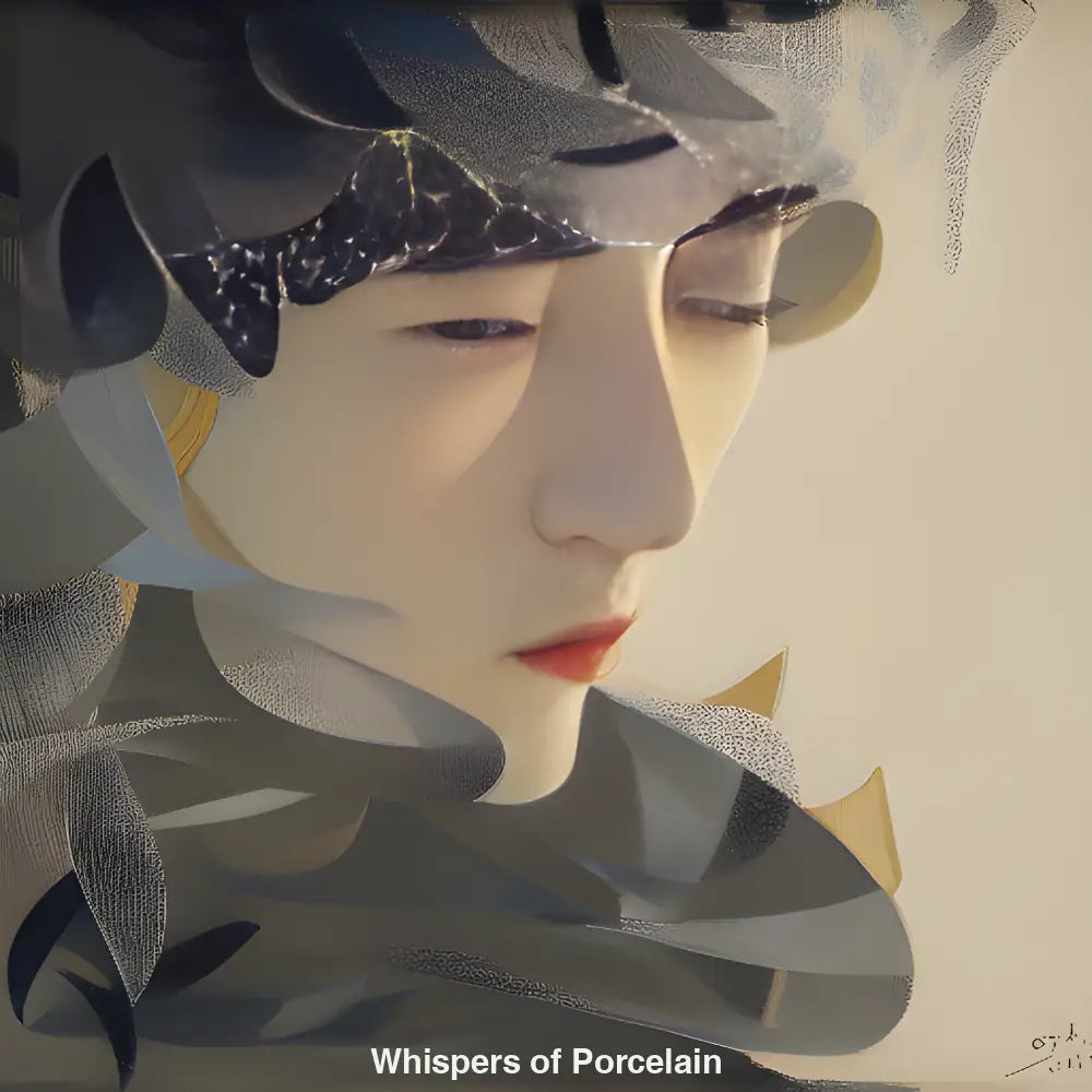 Zartes KI-generiertes Porträt einer Frau mit weichen Linien und abstrakten Elementen – ruhig, poetisch und fernöstlich inspiriert