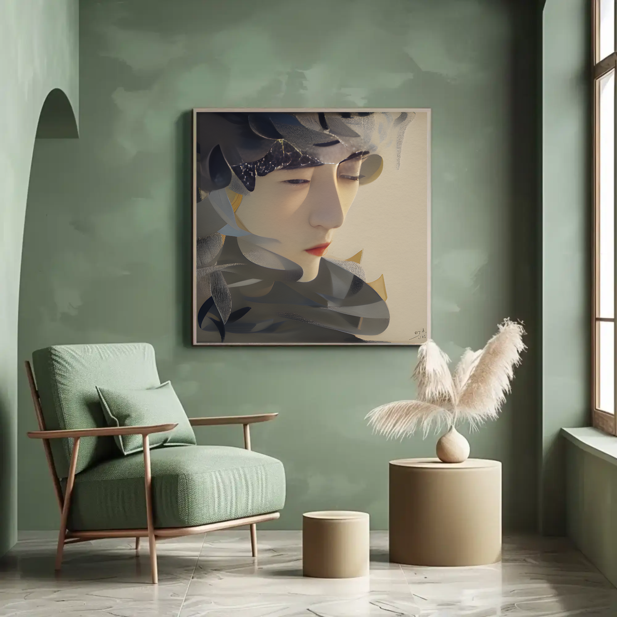 Whispers of Porcelain Fine Art Print mit sanftem Frauenportrait in Beige- und Grautönen über minimalistischer Einrichtung.