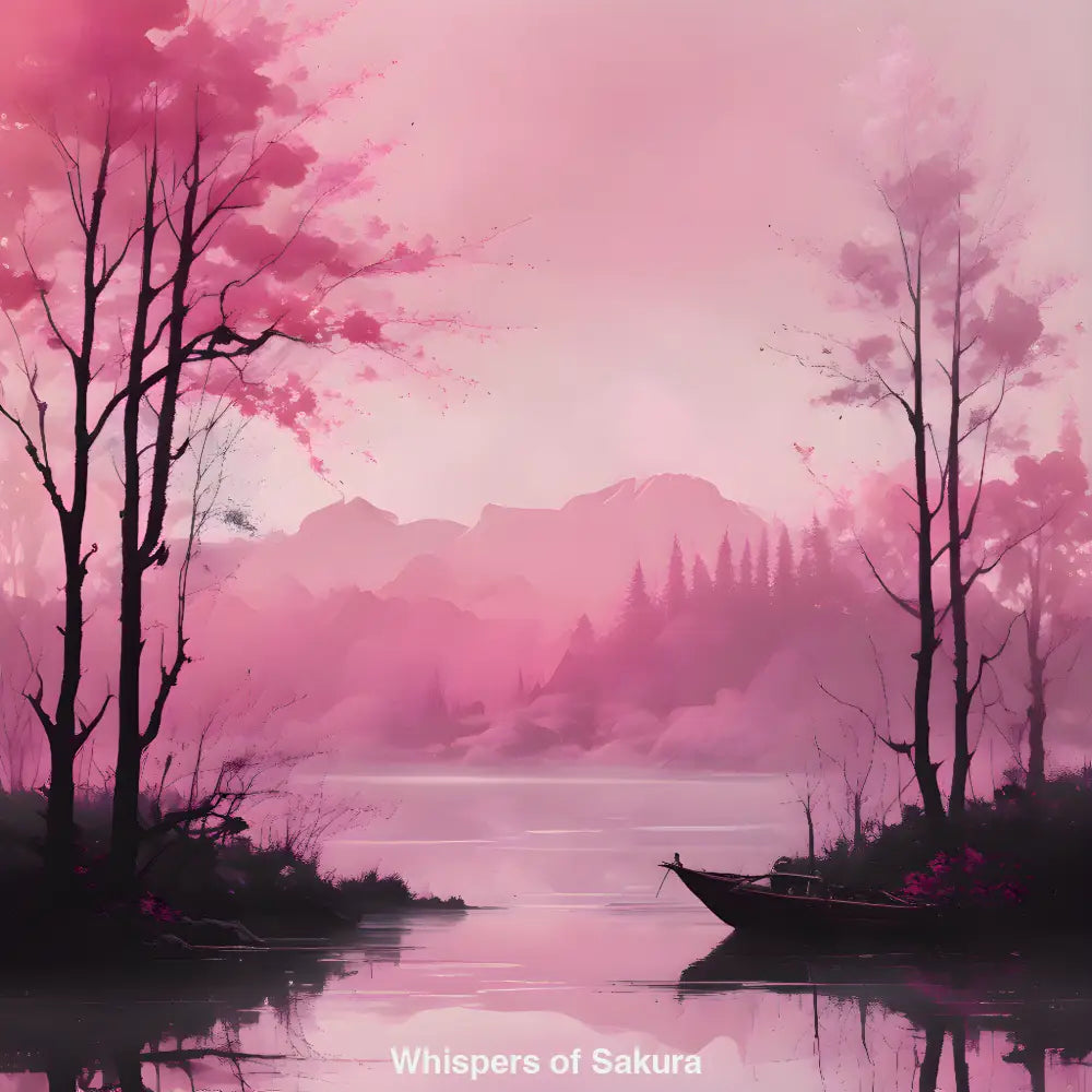 KI-generierte Landschaft mit Kirschblüten am See, Boot am Ufer und japanischer Ästhetik – ruhig, zart und poetisch