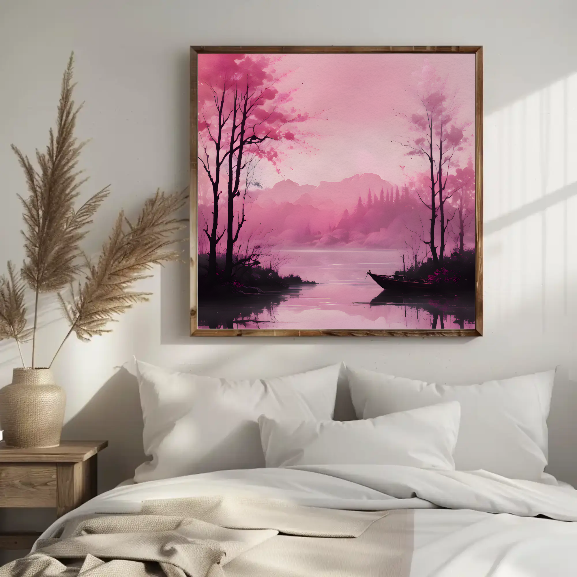 Whispers of Sakura Fine Art Print mit rosa Landschaft und spiegelnder Wasserfläche in heller Wohnraumgestaltung.