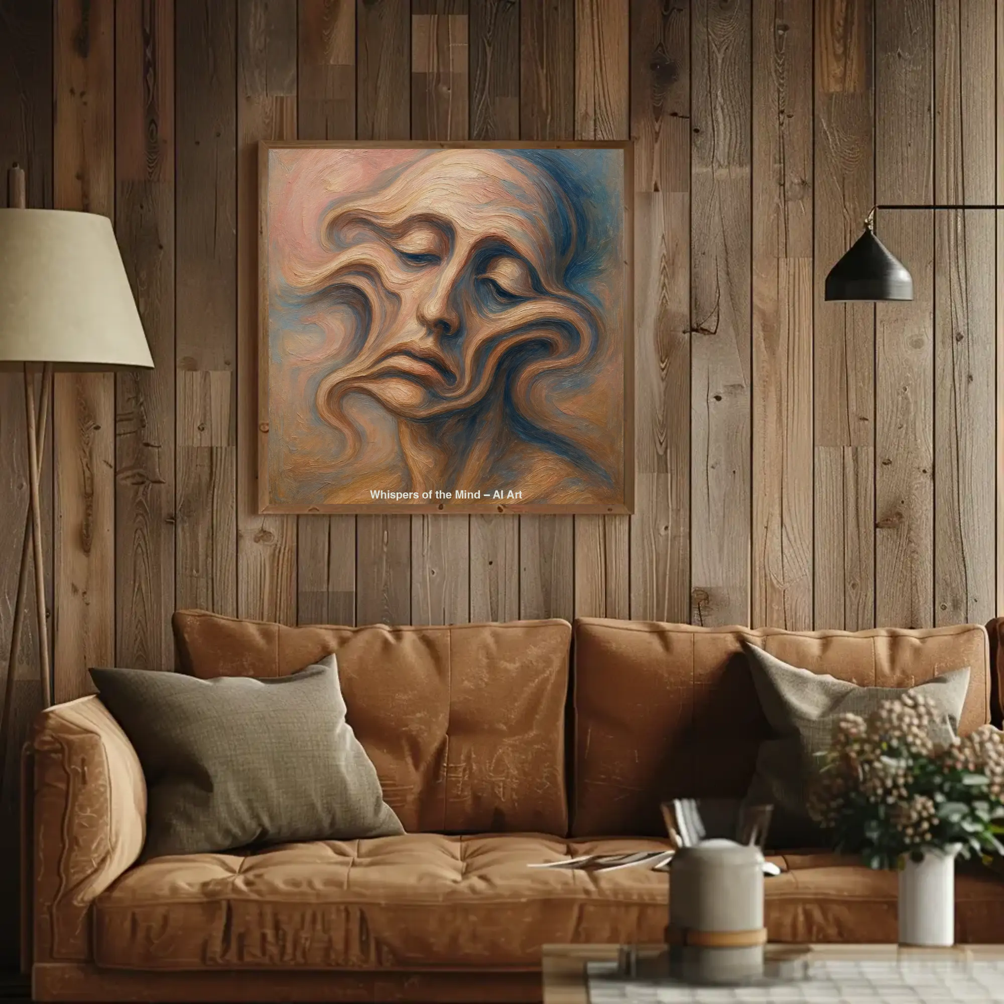 Whispers of the Mind Fine Art Print mit abstraktem Gesicht in warmen Erdtönen über moderner Einrichtung.