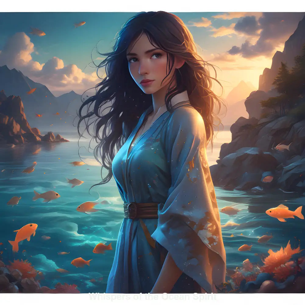 Mystisches KI-Kunstwerk mit weiblicher Figur und ozeanischem Geist in Blaugrün – ruhig, spirituell und voller Fantasie