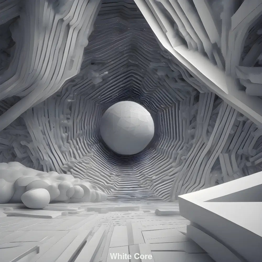 Weiße Kugel schwebt in einer abstrakten Höhle – minimalistisches 3D-Kunstwerk mit spirituell-futuristischer Wirkung.