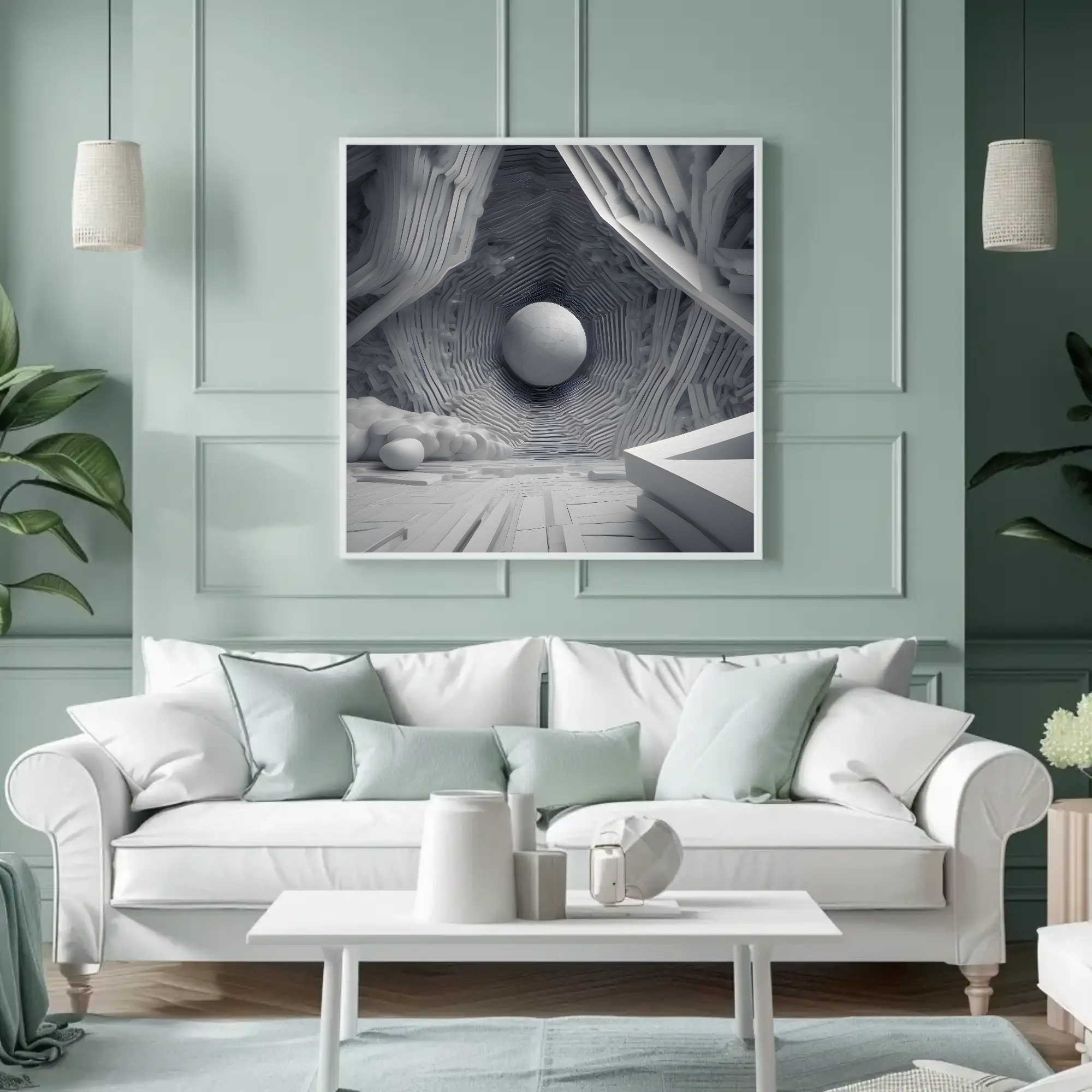 White Core Fine Art Print mit abstrakter Kugel und geometrischen Formen in Weiß- und Grautönen über minimalistischer Einrichtung.