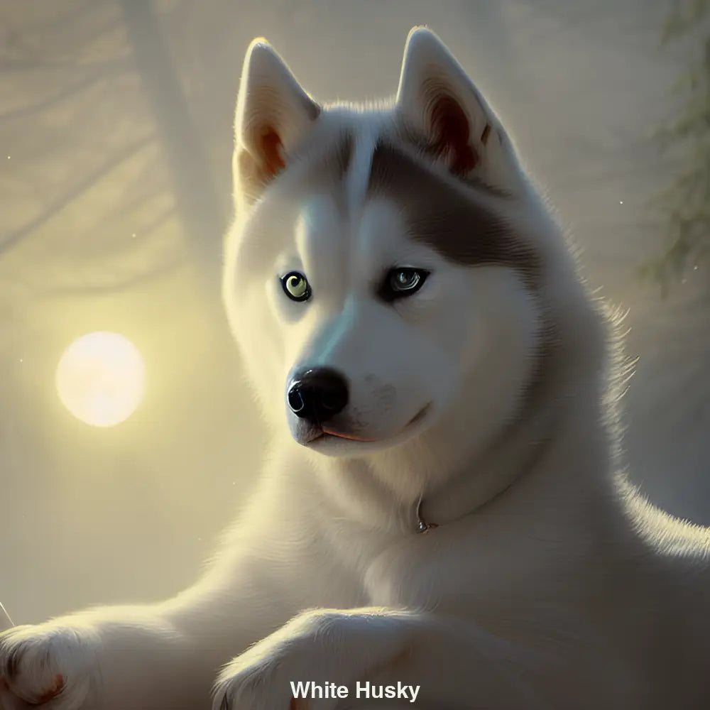 Porträt eines weißen Huskys im Schnee – KI-generiertes Tiermotiv mit ruhiger Ausstrahlung, Winterstimmung und realistischem Stil