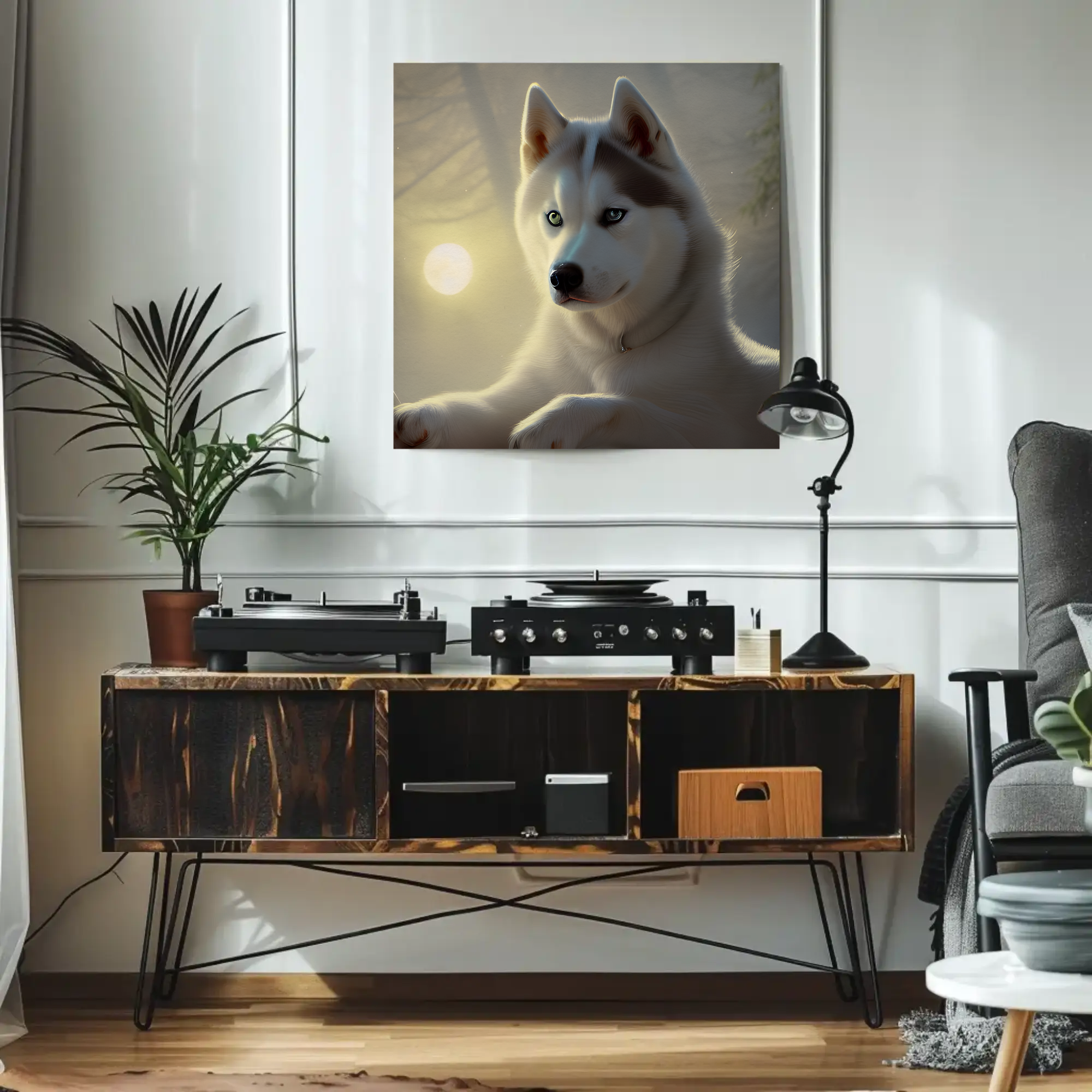 White Husky Fine Art Print mit weißem Husky im sanften Licht über moderner Wohnzimmereinrichtung.