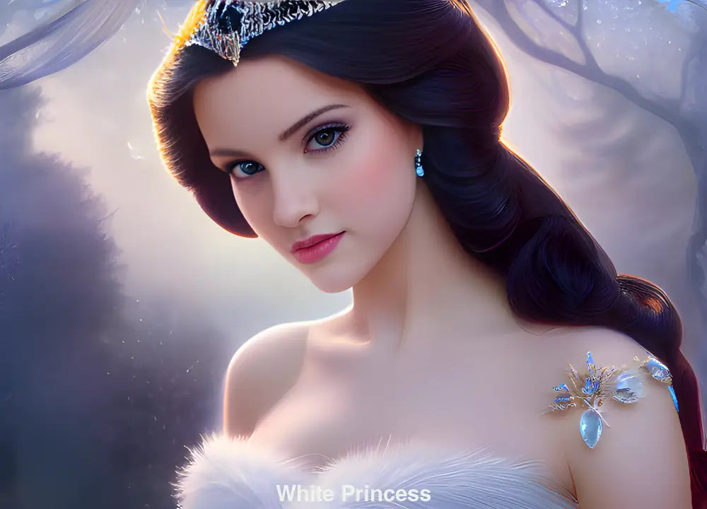 Porträt einer jungen Frau in weißem Kleid mit Tiara und Schmuck – KI-generiert, märchenhaft, erinnert an Winterprinzessin oder Schneekönigin