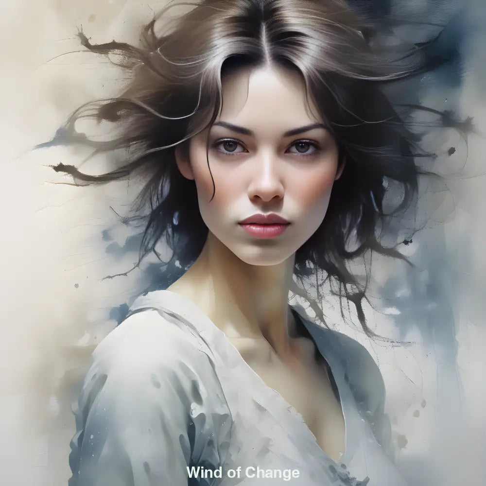 Digitales Porträt einer jungen Frau mit tiefem Blick, umgeben von Wind und Licht – KI-generiert, symbolisch für Wandel und stille Stärke