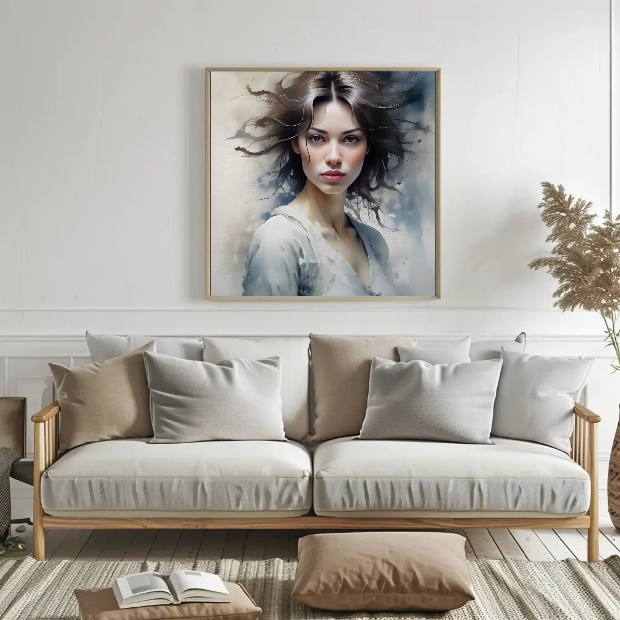 Wind of Change Fine Art Print mit weiblichem Portrait und fließenden Strukturen in sanften Grau- und Blautönen über moderner Einrichtung.
