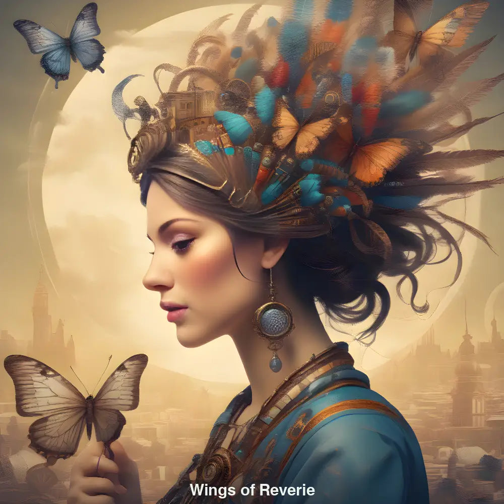 KI-generiertes Porträt einer Frau mit Schmetterlingen und Federn in traumhafter Szenerie – symbolisch, melancholisch, fantasievoll