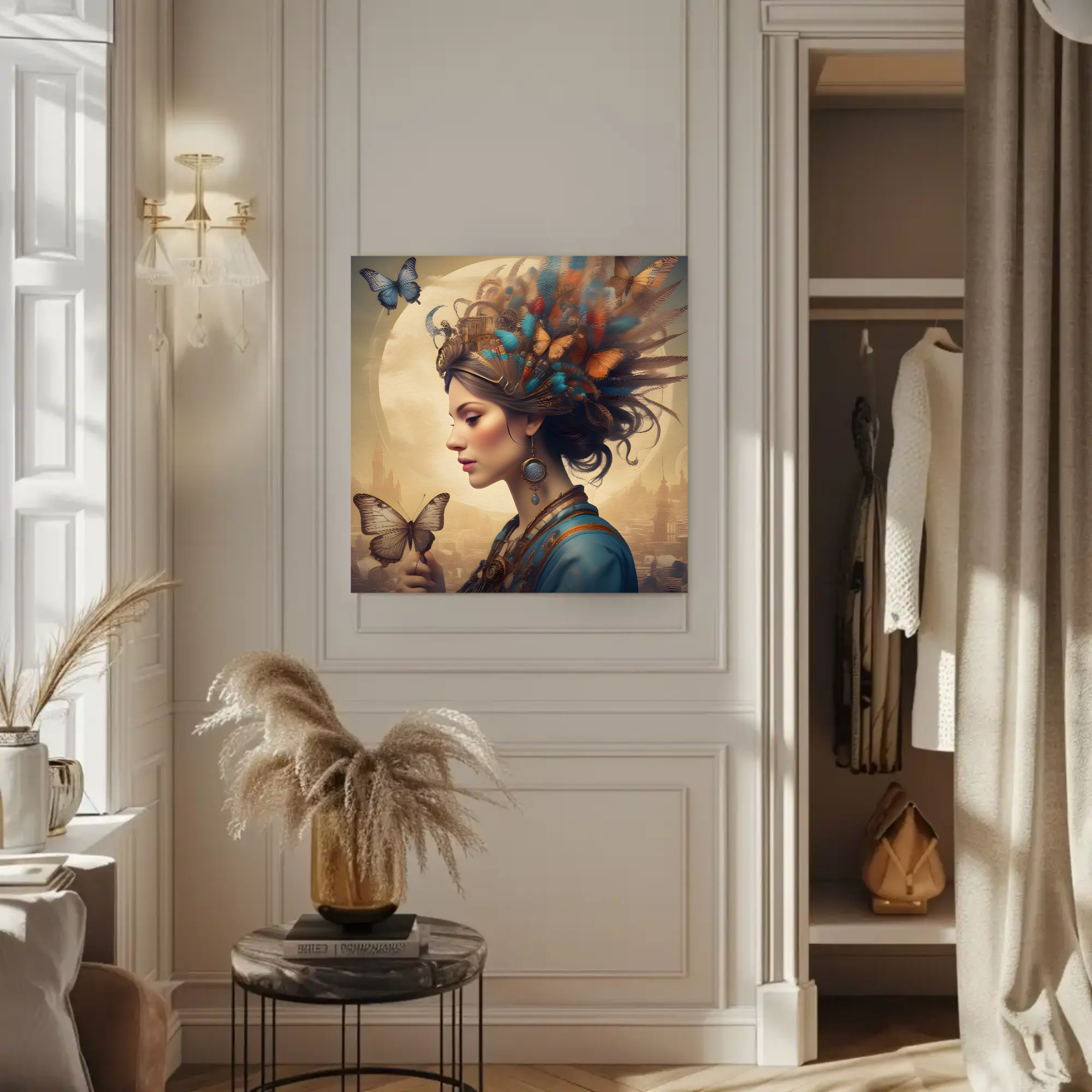 Wings of Reverie Fine Art Print mit verträumtem Frauenportrait und floralen Elementen über moderner Wohnzimmereinrichtung.