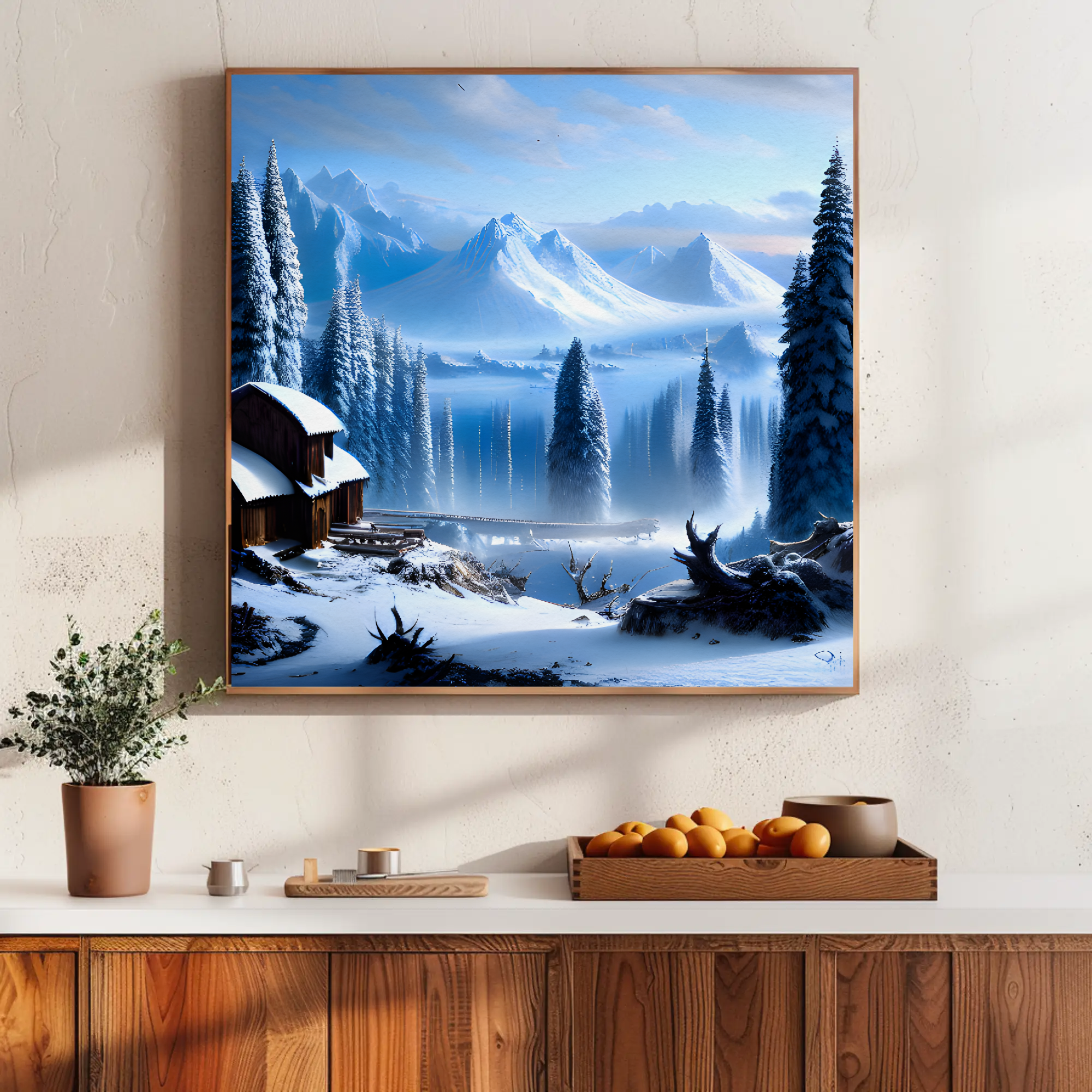 Winter Landscape Fine Art Print mit schneebedeckter Berglandschaft und gefrorenem See über moderner Wohnzimmereinrichtung.
