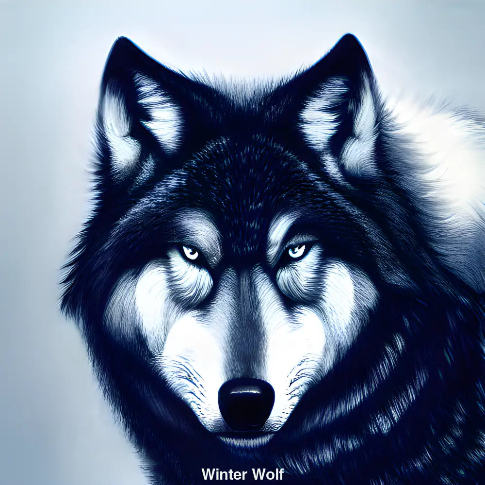 Realistisches Porträt eines Winterwolfs in Schneelandschaft – KI-generiert, ruhig, kraftvoll und symbolisch für Stärke und Wintermagie