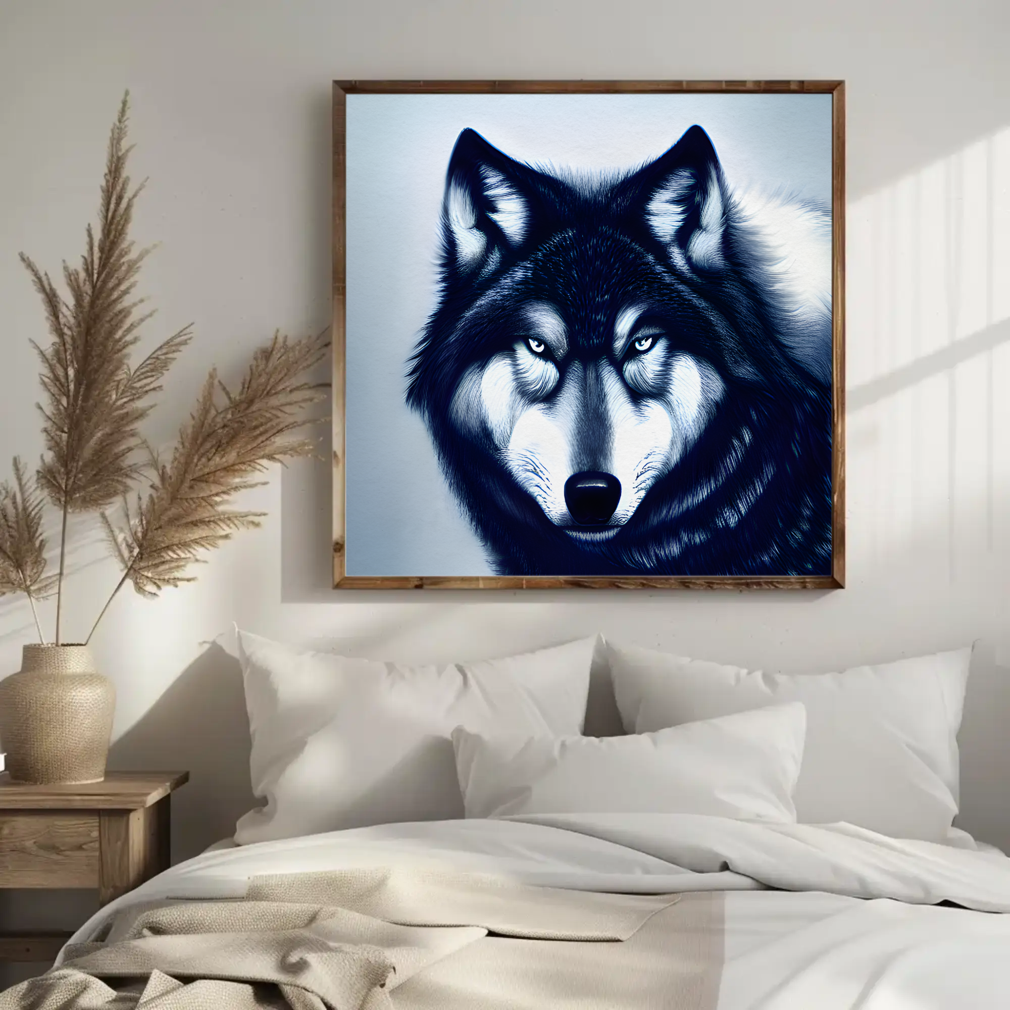 Winter Wolf Fine Art Print mit blauem Wolfsportrait über moderner Wohnzimmereinrichtung.