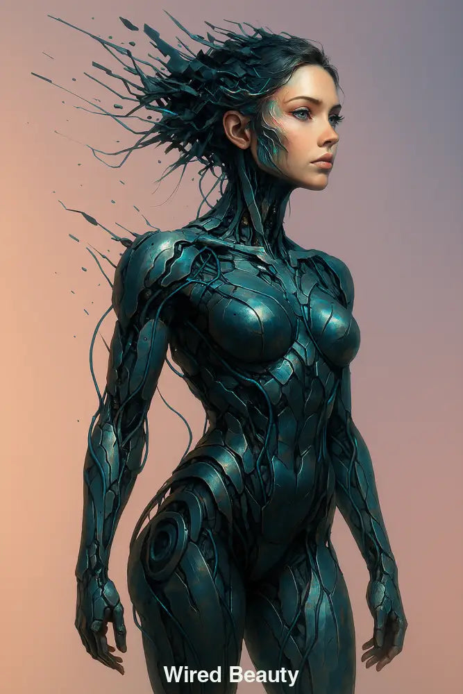 Futuristische Android-Frau mit blau-metallischer Haut, technoiden Details und aufgelöstem Kopf vor weichem Hintergrund