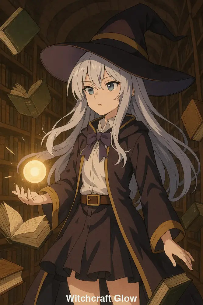 Anime-Hexe mit weißem Haar in Bibliothek, schwebende Bücher und leuchtende Magie in der Hand